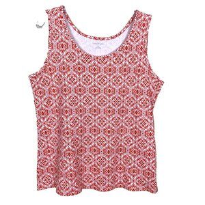 Lands End Womens L Tank Top Knit Scoop Neck Sleeveless Coral Geo Print Beachy